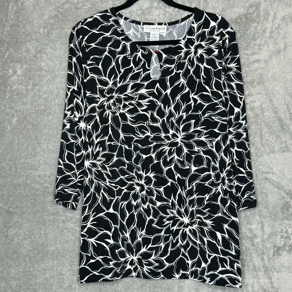 Sag Harbor XL Shirt Top Black Floral Flower 3/4 Sleeve Keyhole Scoop Neck Womens - Picture 1 of 6